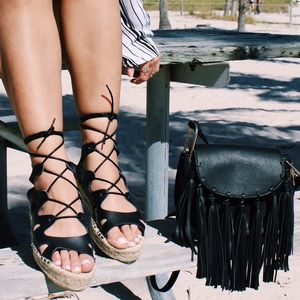 •LAST ONE//Ibiza Leather Black Tie Up Espadrilles•